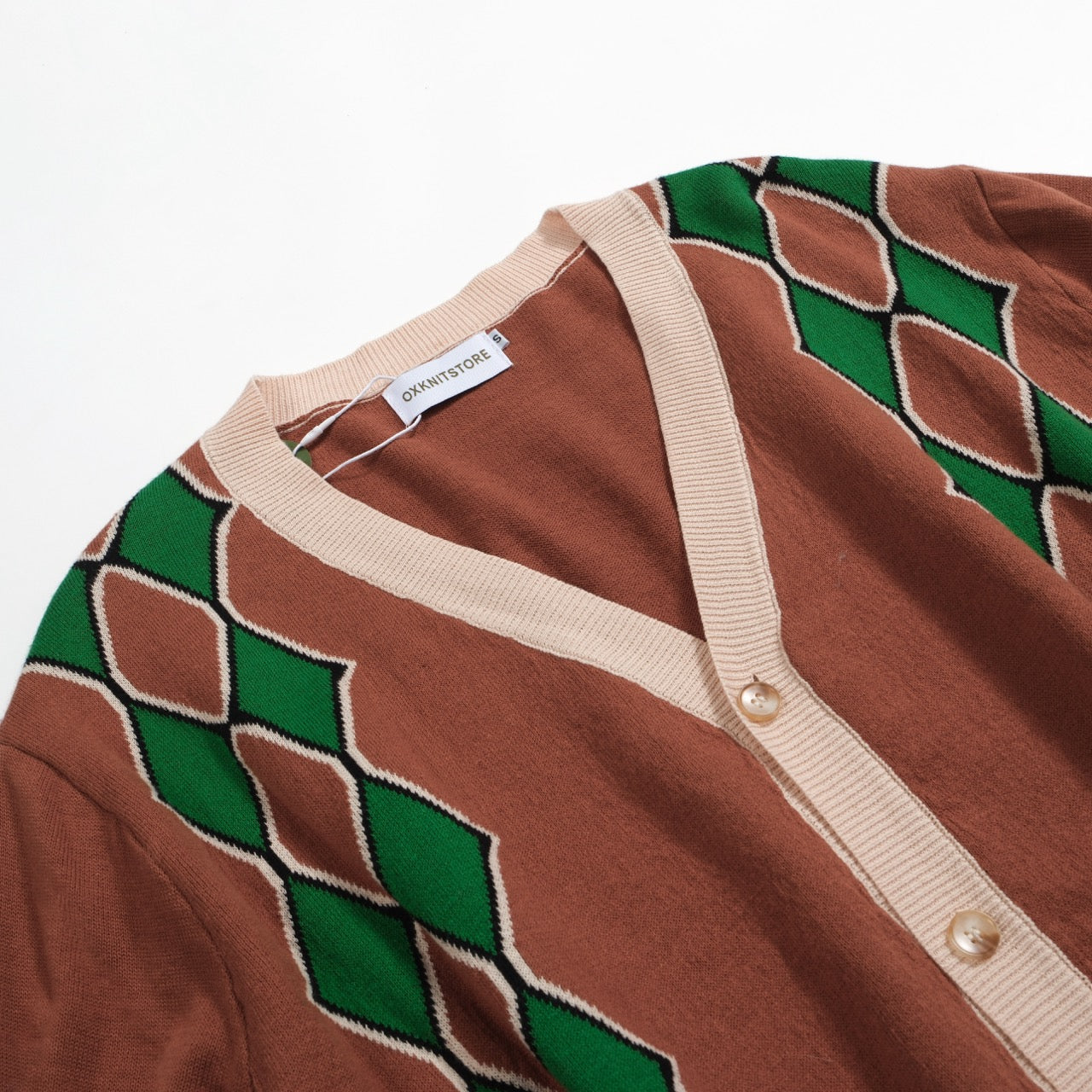 Men's Brown Knitted Long Sleeves Cardigan With Green Geometry