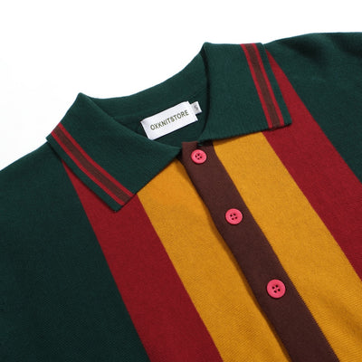 Men's Dark Green Knitted Long Sleeves Polo With Red & Yellow Stripes