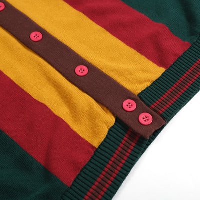 Men's Dark Green Knitted Long Sleeves Polo With Red & Yellow Stripes