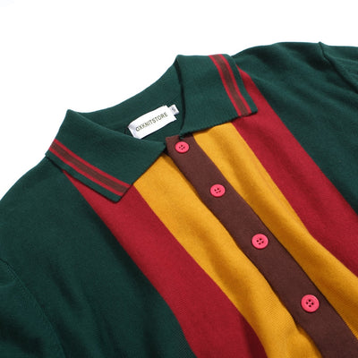 Men's Dark Green Knitted Long Sleeves Polo With Red & Yellow Stripes