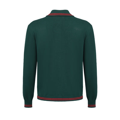 Men's Dark Green Knitted Long Sleeves Polo With Red & Yellow Stripes