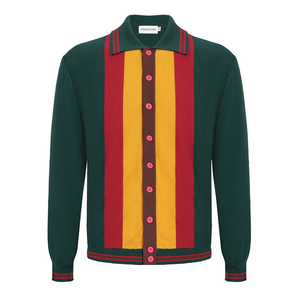 Men's Dark Green Knitted Long Sleeves Polo With Red & Yellow Stripes