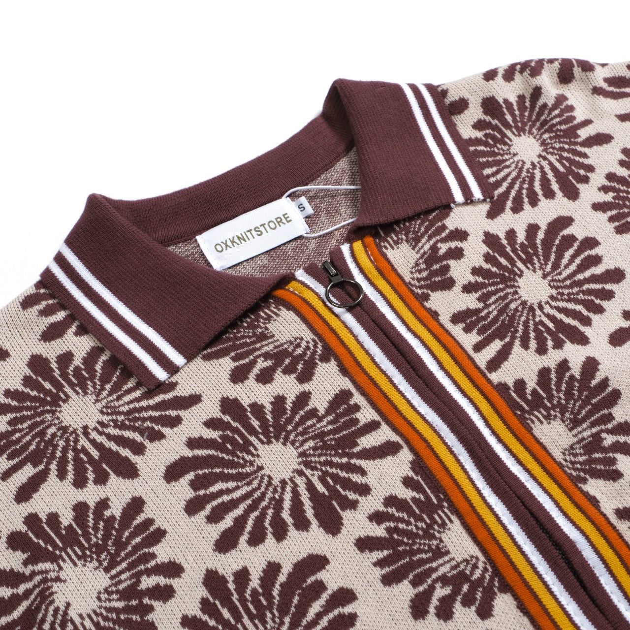 Men's Brown Knitted Long Sleeves Polo With Flowers