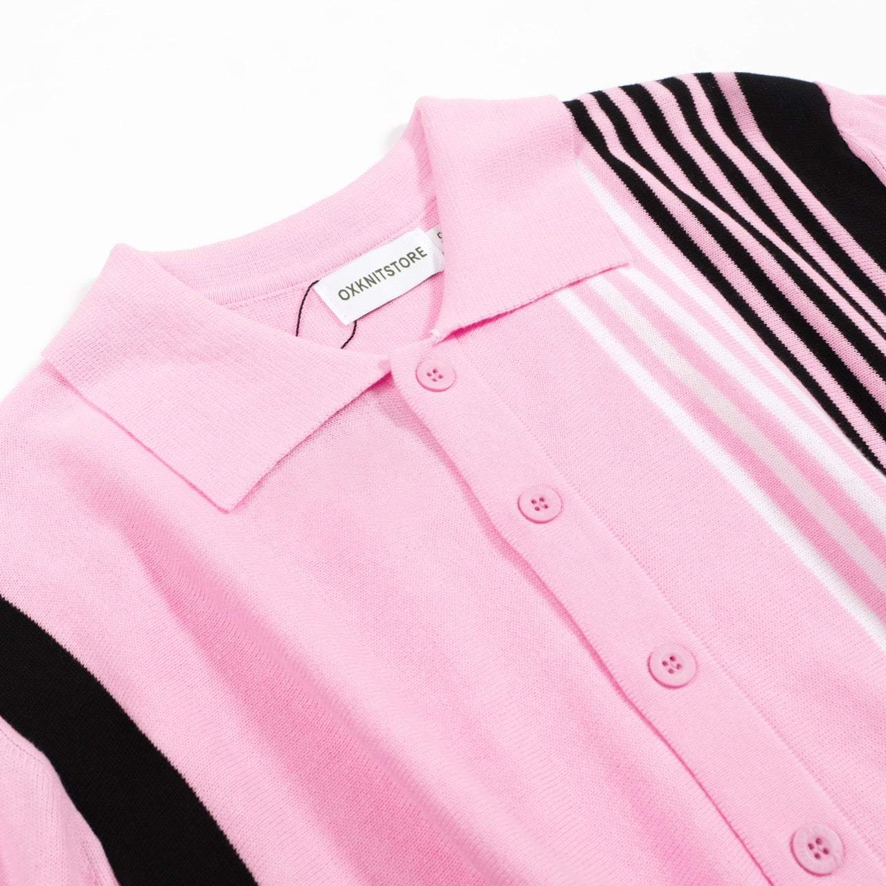 Men's Pink Knitted Long Sleeves Polo with Black & White Stripes