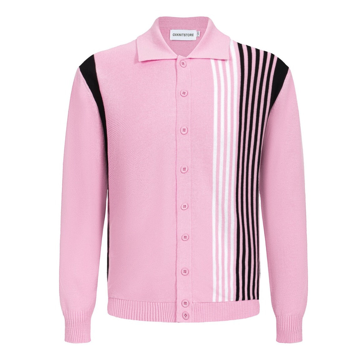 Men's Pink Knitted Long Sleeves Polo with Black & White Stripes