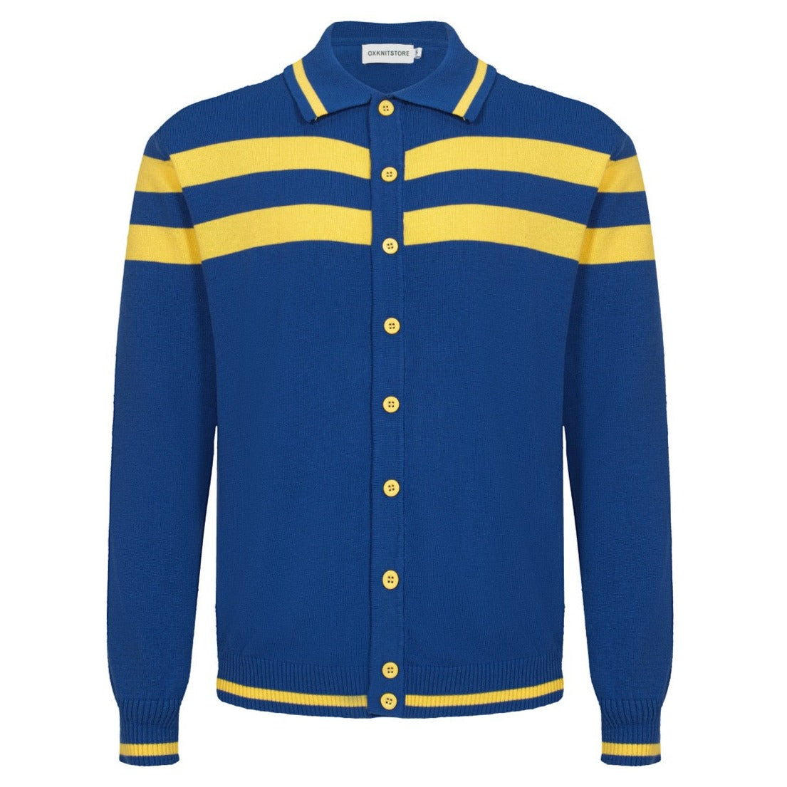 Men's Light Blue Knitted Long Sleeves Polo With Double Yellow Chest Lines