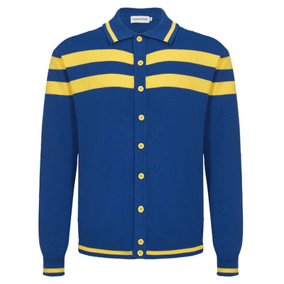 Men's Light Blue Knitted Long Sleeves Polo With Double Yellow Chest Lines
