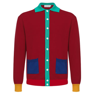 Men's Red & Mint Green Knitted Long Sleeves Polo With Double Blue Pockets