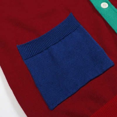 Men's Red & Mint Green Knitted Long Sleeves Polo With Double Blue Pockets