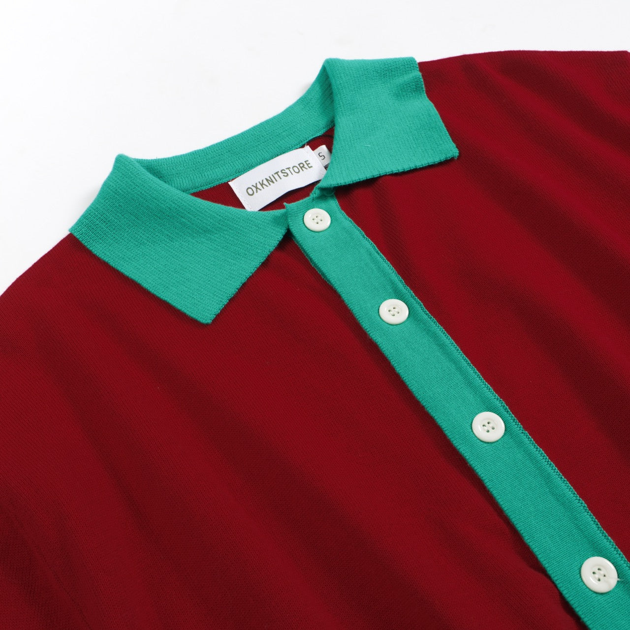 Men's Red & Mint Green Knitted Long Sleeves Polo With Double Blue Pockets