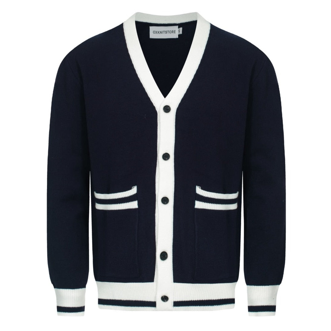 Men's Navy Blue Knitted Long Sleeves Cardigan With Double Pockets