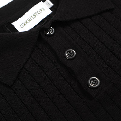 Men's Knitted Long Sleeves Black Cotton Polo