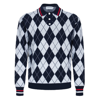 Men's Navy Blue & White Knitted Long Sleeves Prismatic Pattern Polo
