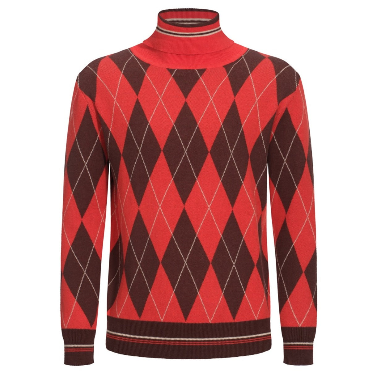 Men's Orange And Reddish Brown Diamond Pattern Knitted Mid-High Collar Long-Sleeved Top