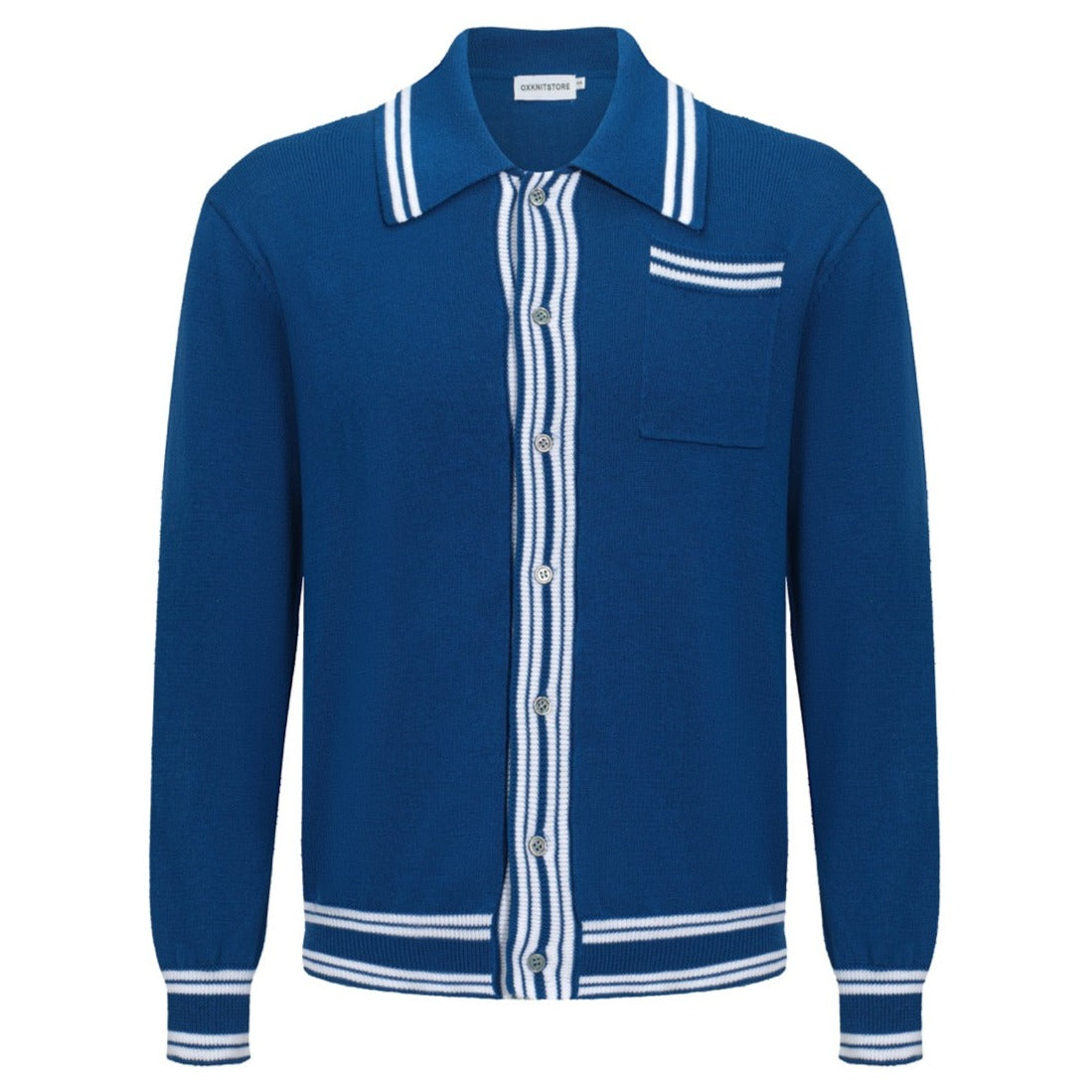 Men's Blue Knitted Long Sleeves Polo With Apricot Lines