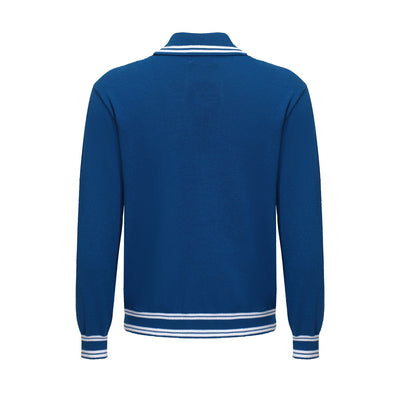 Men's Blue Knitted Long Sleeves Polo With Apricot Lines