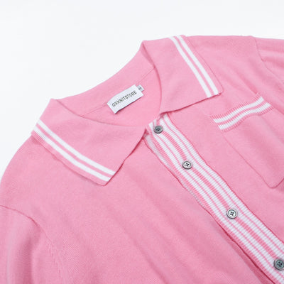Men's Pink Knitted Long Sleeves Polo With Apricot Lines
