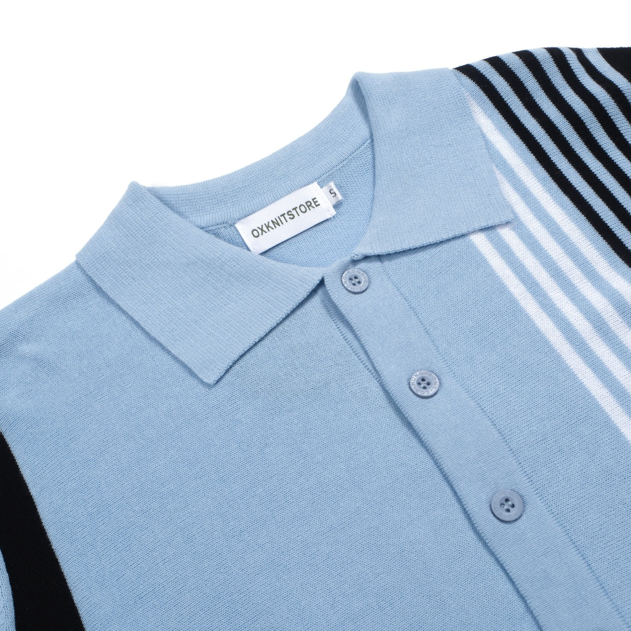 Men's Blue Knitted Long Sleeves Polo With Black & White Stripes