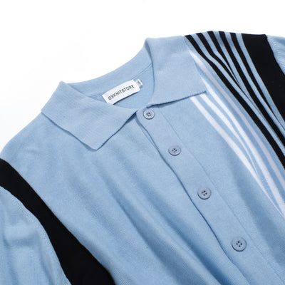 Men's Blue Knitted Long Sleeves Polo With Black & White Stripes