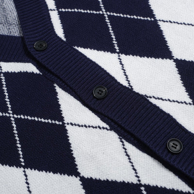 Men's Navy Blue Diamond Check Knitted Long-Sleeved Cardigan