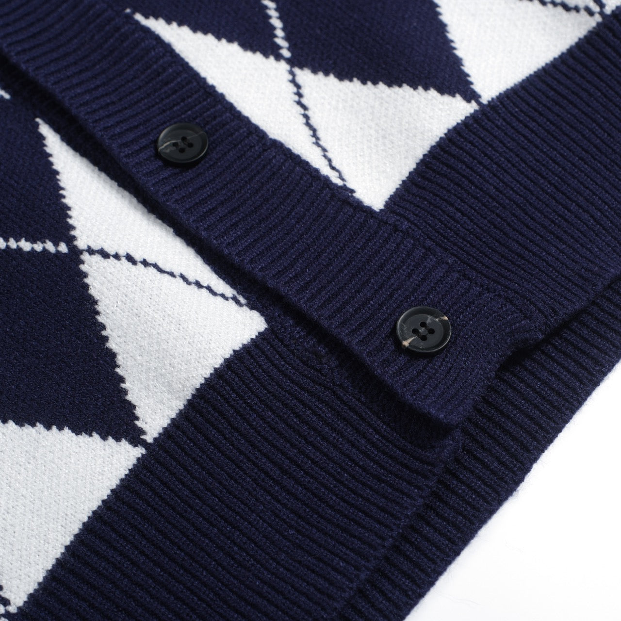 Men's Navy Blue Diamond Check Knitted Long-Sleeved Cardigan