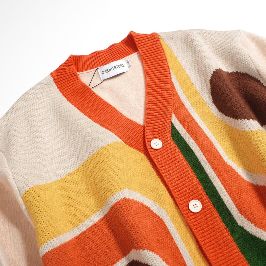 Men’s Retro 1970s Knit Cardigan – Vintage Cream with Multicolor Geometric Print