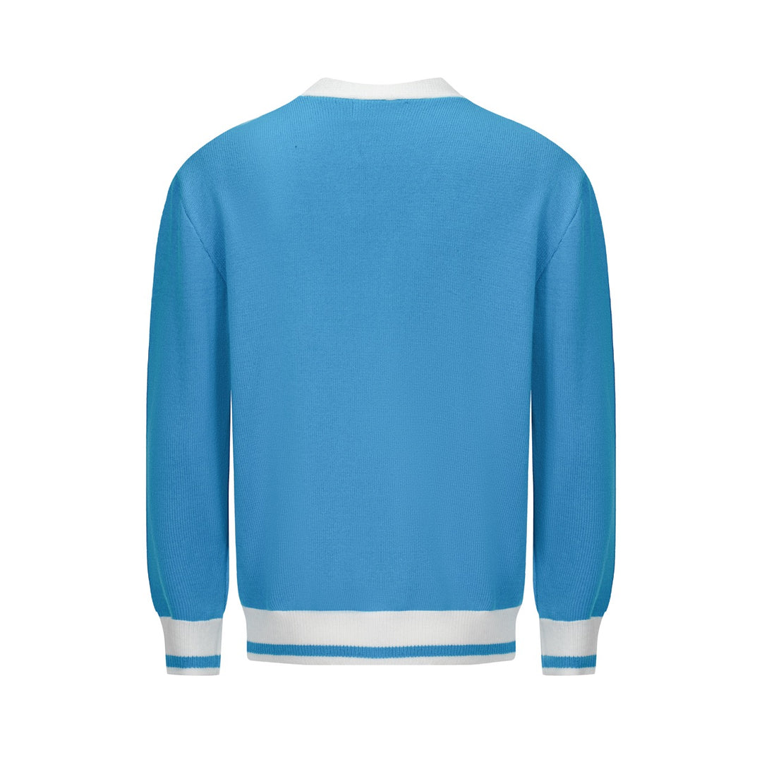 Men’s Vintage Rainbow Stripe Cardigan – Retro V-Neck Knit in Sky Blue
