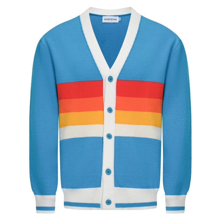 Men’s Vintage Rainbow Stripe Cardigan – Retro V-Neck Knit in Sky Blue
