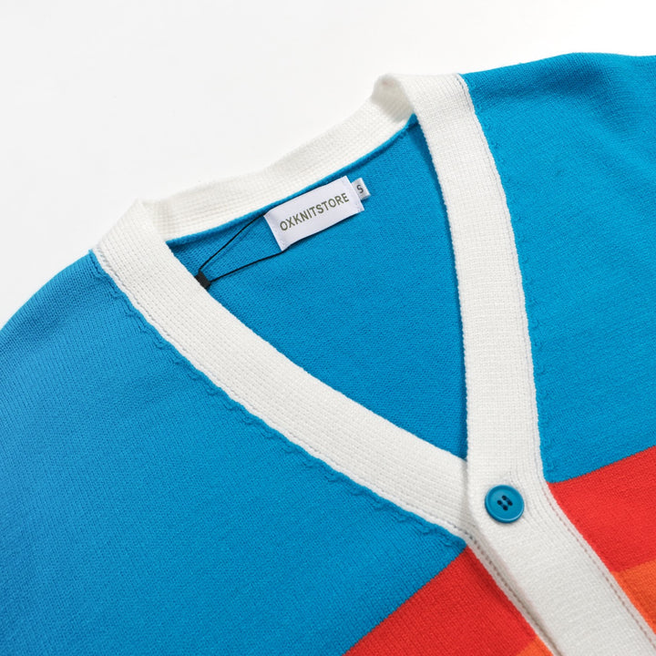Men’s Vintage Rainbow Stripe Cardigan – Retro V-Neck Knit in Sky Blue