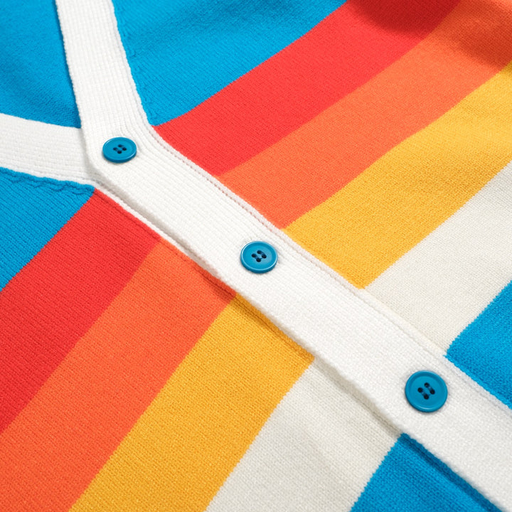 Men’s Vintage Rainbow Stripe Cardigan – Retro V-Neck Knit in Sky Blue