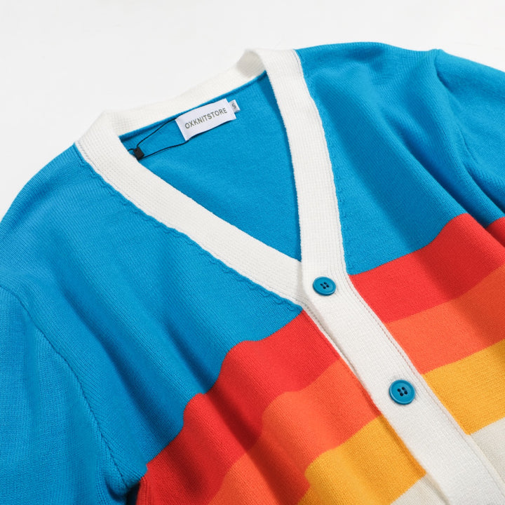 Men’s Vintage Rainbow Stripe Cardigan – Retro V-Neck Knit in Sky Blue