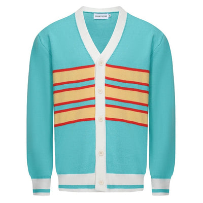 Men's Red & Light Yellow Chest Stripes Knitted Long Sleeves Lake Blue Cardigan