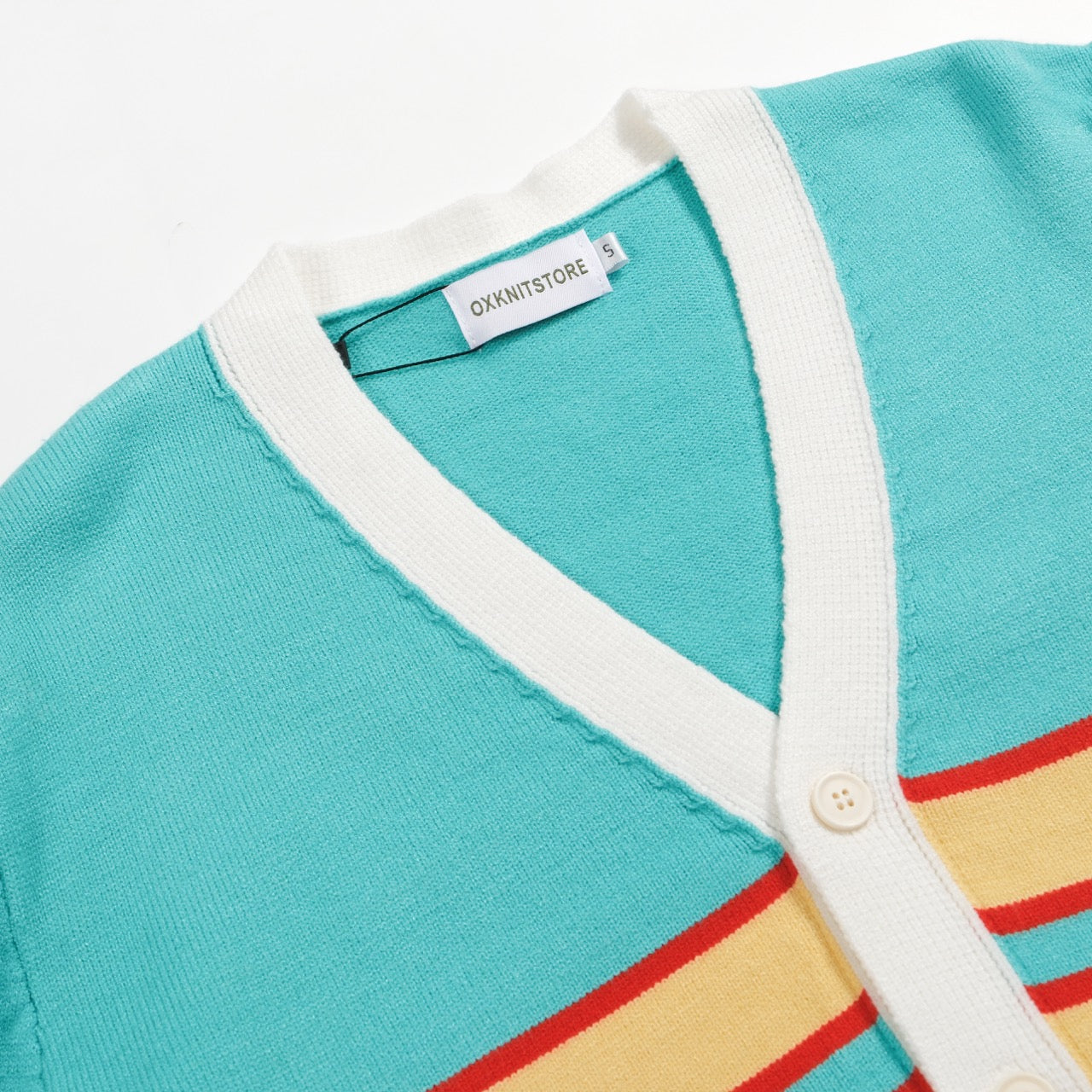 Men's Red & Light Yellow Chest Stripes Knitted Long Sleeves Lake Blue