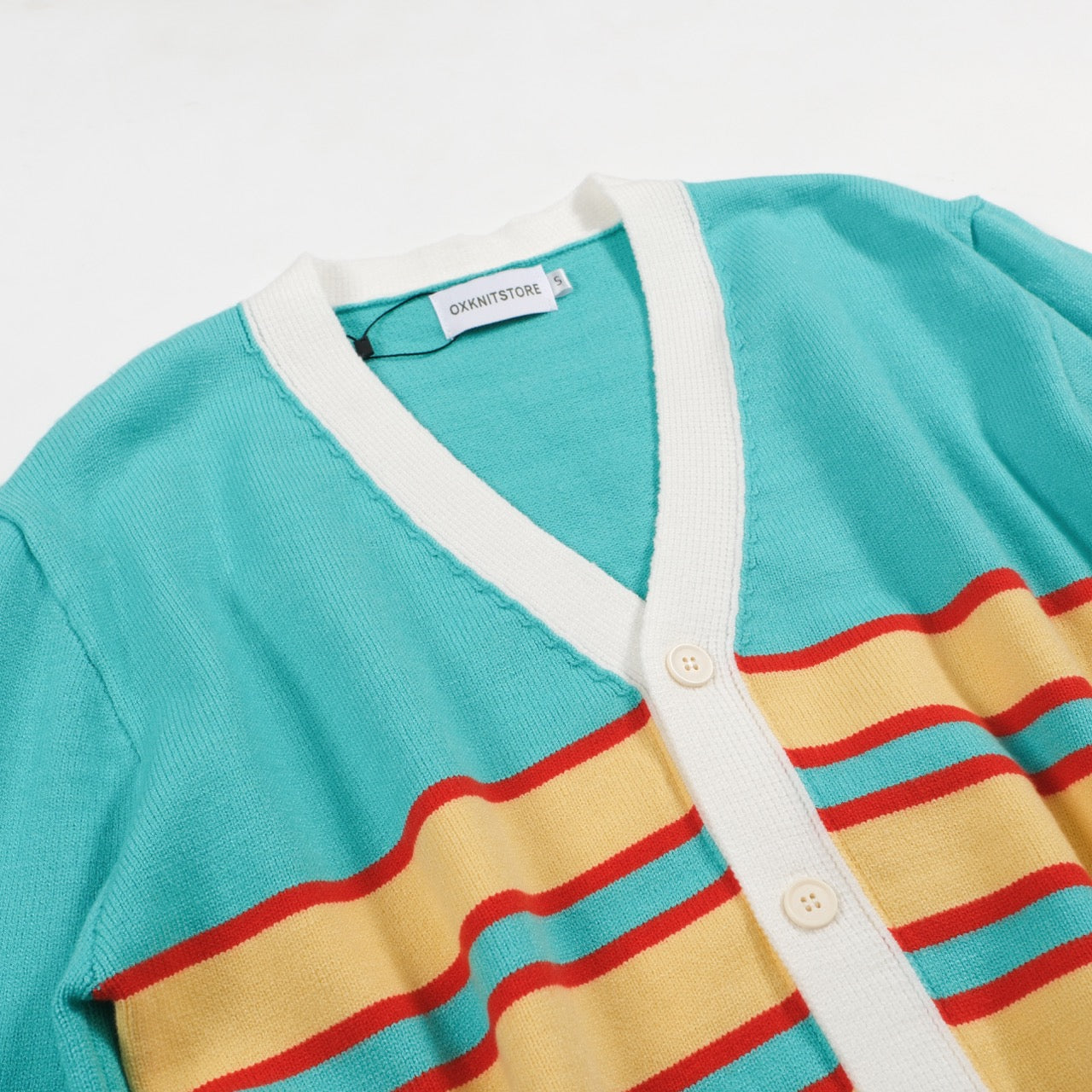 Men's Red & Light Yellow Chest Stripes Knitted Long Sleeves Lake Blue