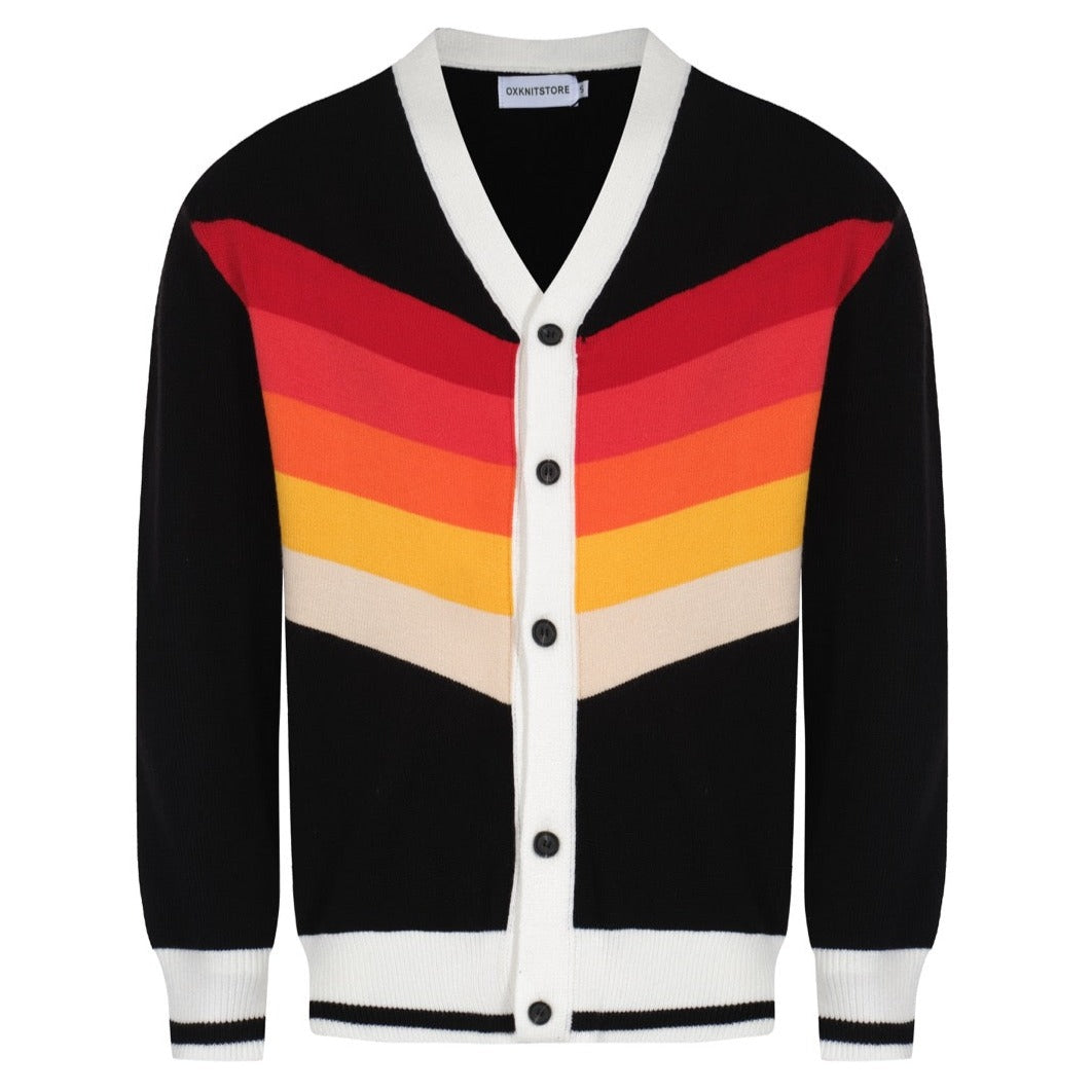 Men's Rainbow Patchwork Diagonal Stripe Black V-Neck Knitted Cardigan