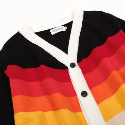 Men's Rainbow Patchwork Diagonal Stripe Black V-Neck Knitted Cardigan