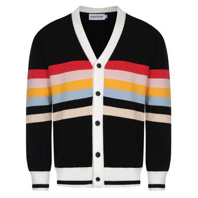Men's Rainbow Striped Black V-Neck Knitted Cardigan