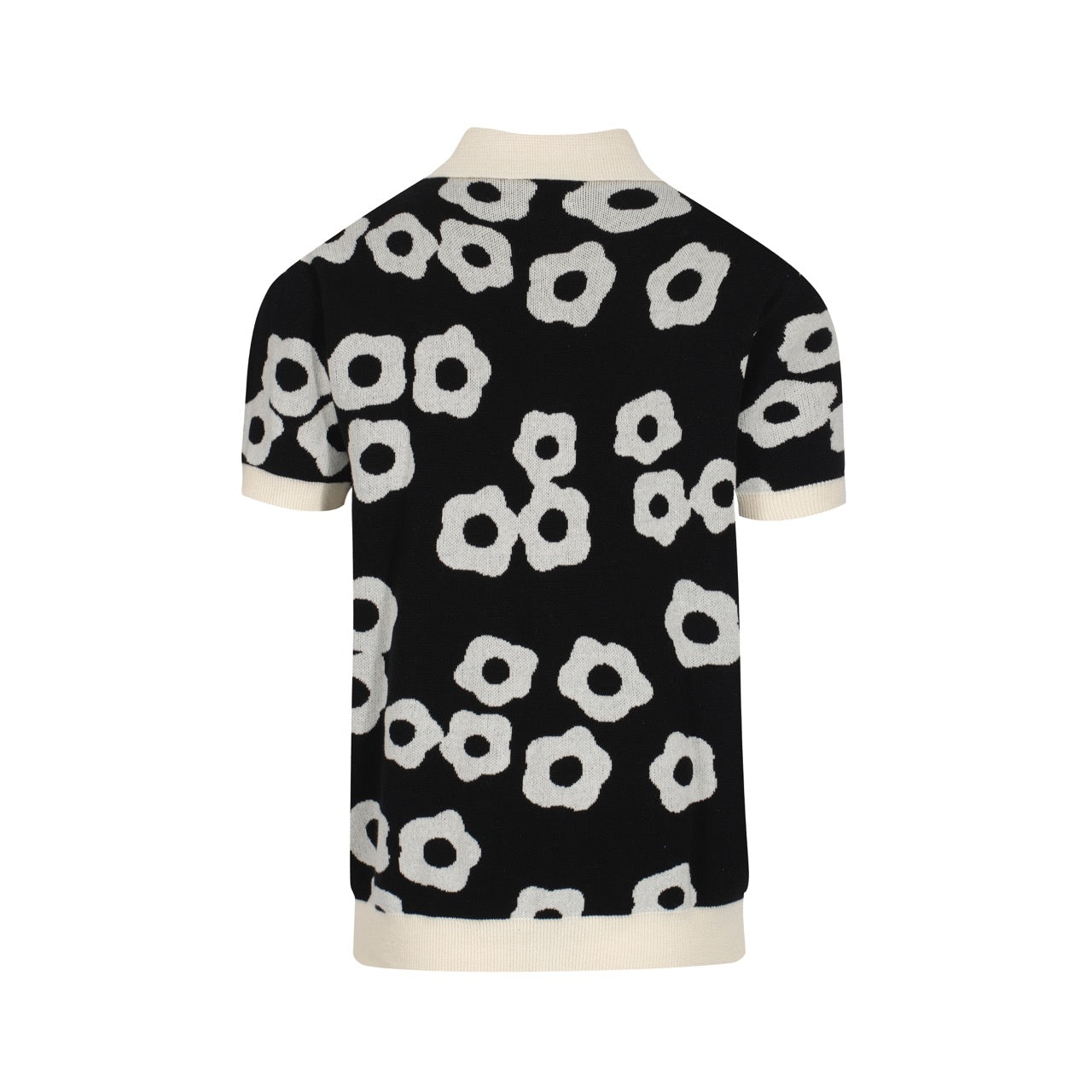 Men's Retro Flower Knit Polo Shirt | 60s Mod Black Cream Men's Retro Flower Knit Polo Shirt | 60s Mod Black Cream
