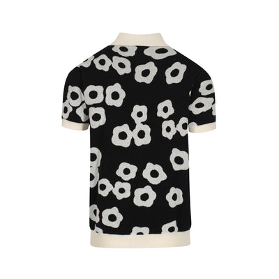 Men's Black And White Jacquard Design Knitted Short Sleeve Polo Shirt