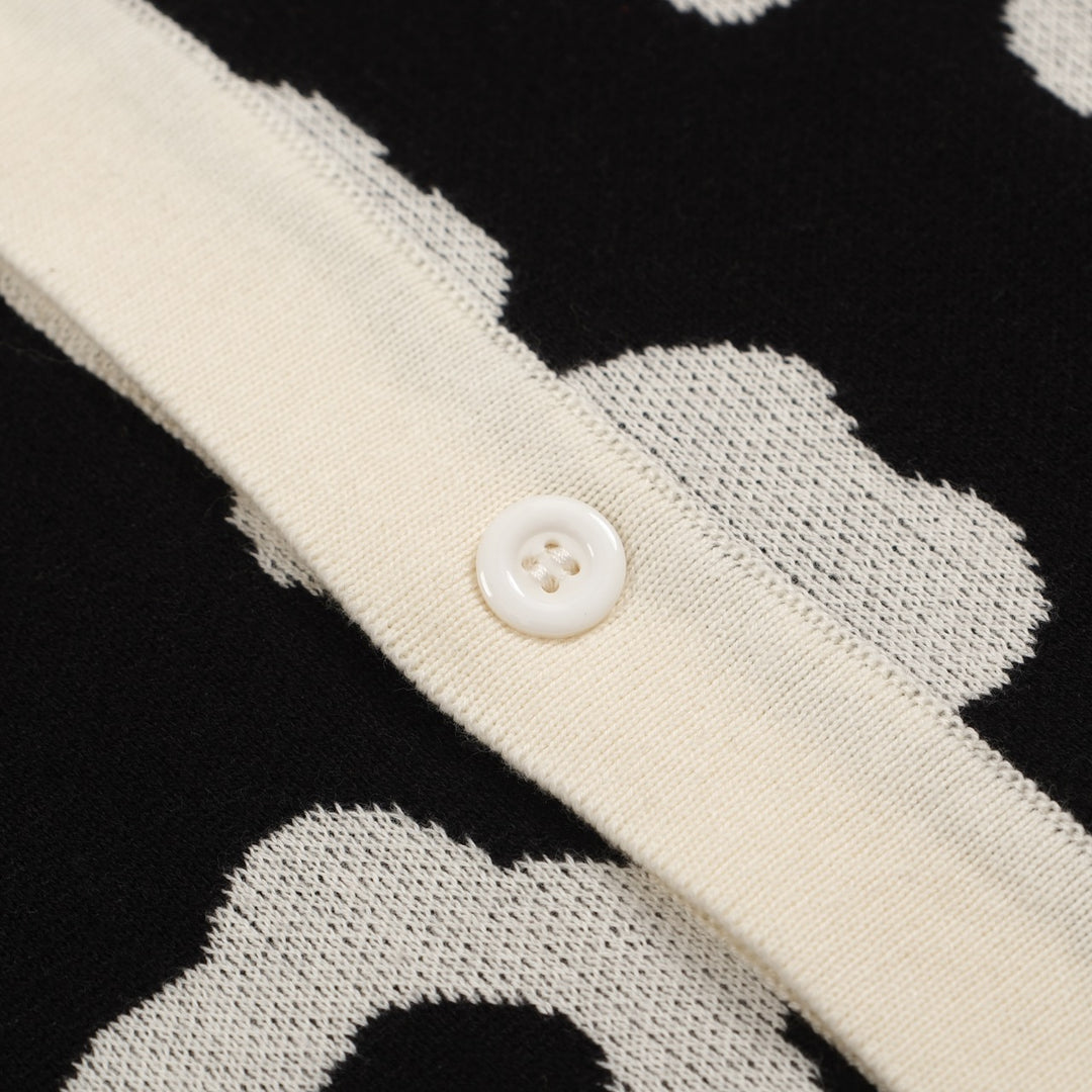 Men's Black & Cream Retro Flower Knit Polo – 60s Mod Button-Up Shirt