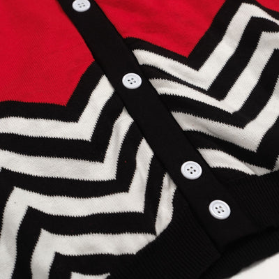 Men's Black And White Wave Design Knitted Red Short-Sleeved Polo Shirt