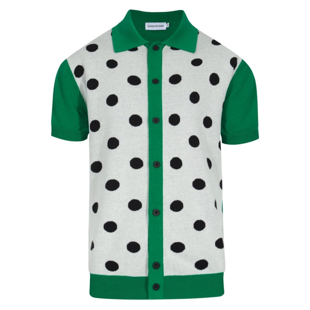 Men's Black And White Polka Dot Design Knitted Green Short-Sleeved Polo Shirt
