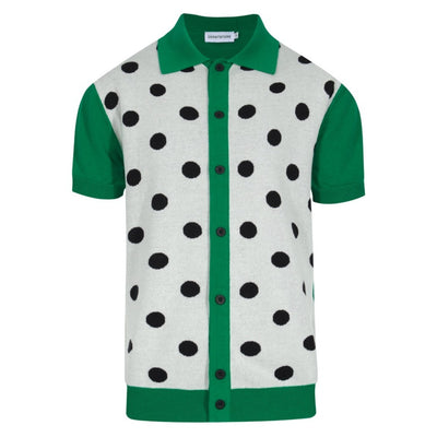 Men's Black And White Polka Dot Design Knitted Green Short-Sleeved Polo Shirt