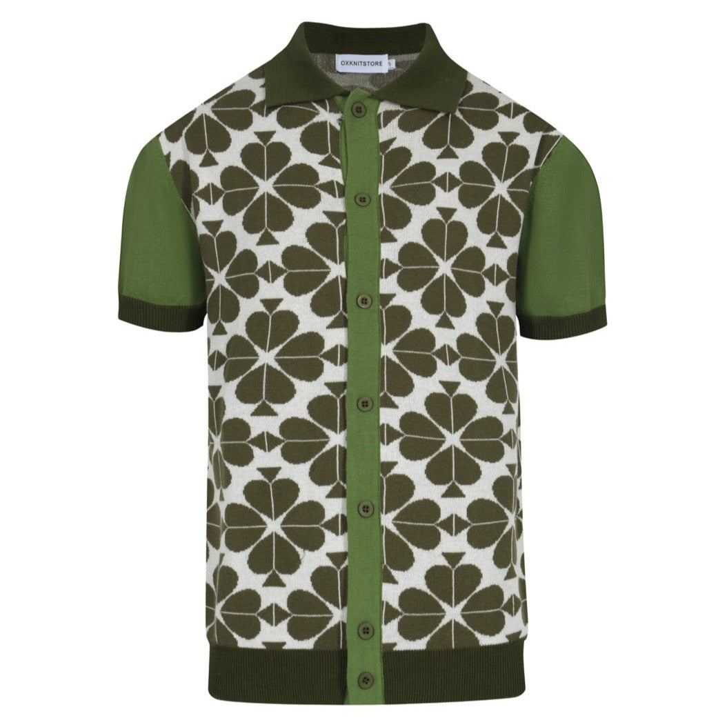 Men's Playing Card Design Knitted Green Short Sleeve Polo Shirt