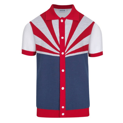 Men's Red And Blue Double Color Block Design Knitted Short Sleeve Polo Shirt