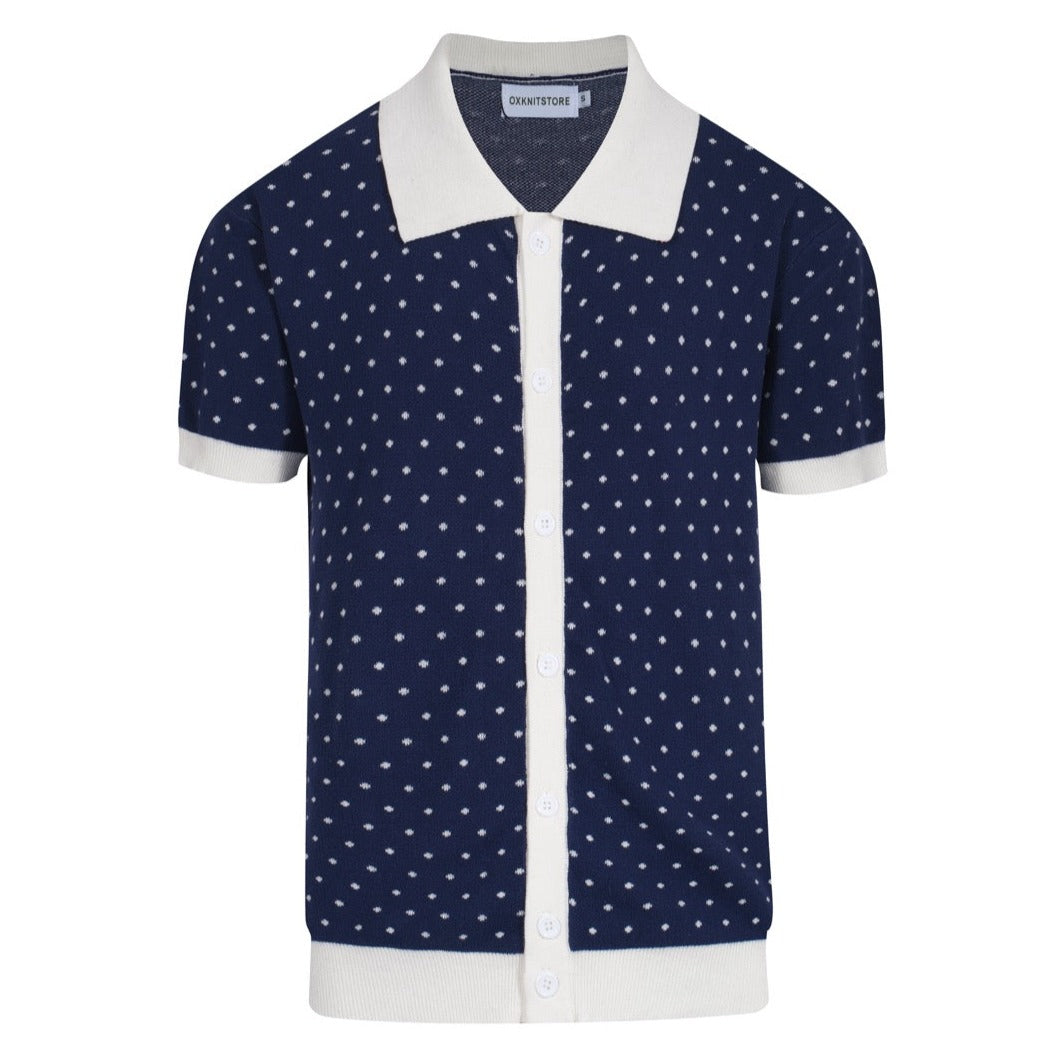Men's white polka dot knitted blue short-sleeved polo shirt