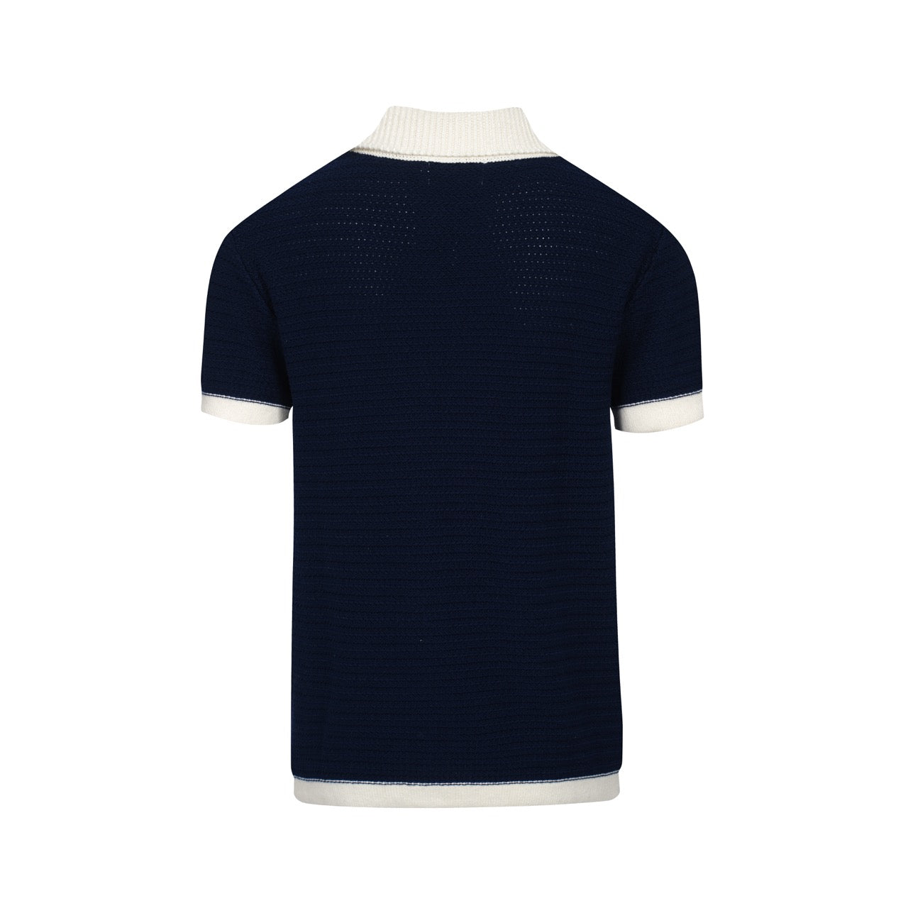 Men's 60s Navy Open Collar Polo – Mod Knit Shirt with Cream Men's 60s Navy Open Collar Polo – Mod Knit Shirt with Cream