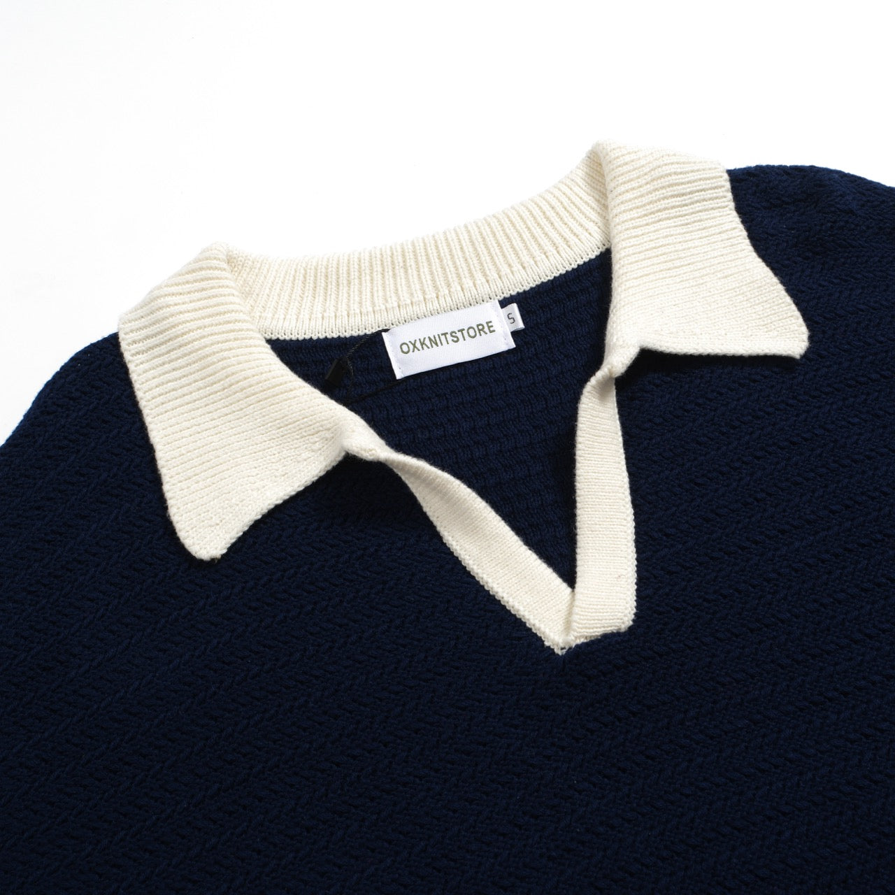 Men's 60s Navy Open Collar Polo – Mod Knit Shirt with Cream Trim