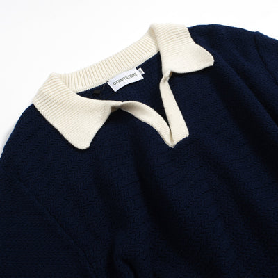 Men's Navy Blue Knitted Polo White V-Neck
