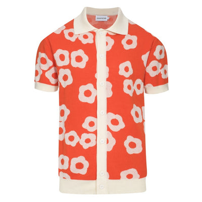 Men's Orange And White Jacquard Design Knitted Short Sleeve Polo Shirt